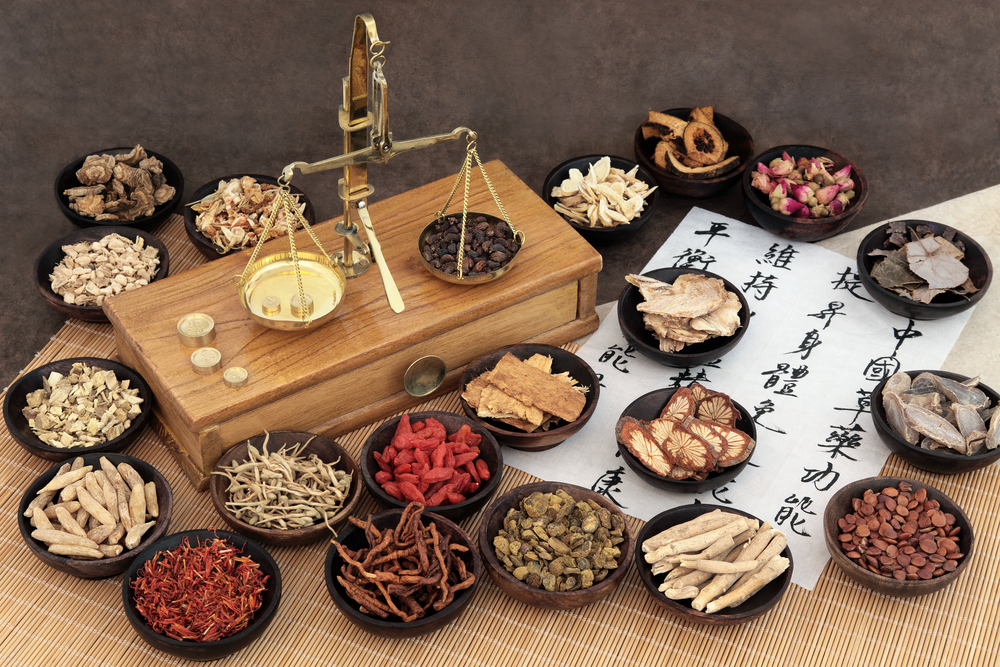 Chinese,Medicine,Ingredients,With,Scales,And,Calligraphy.,Translation,Reads,As